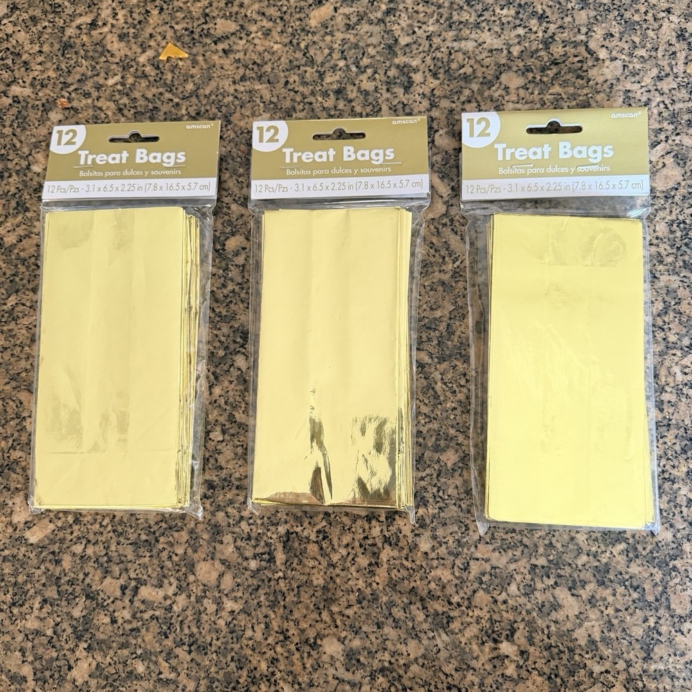 3 Packs 12 Each Metallicβ Gold Tone Paper Treat Bags 3.1x6.5x2.25" NIP